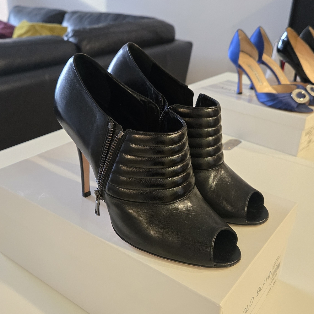 Manolo Blahnik Black Peep-Toe Ankle Boots